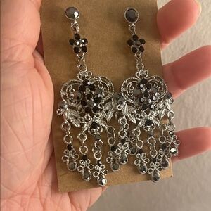 Silver and Black Filigree Chandelier Drop Earrings - Women Jewelry